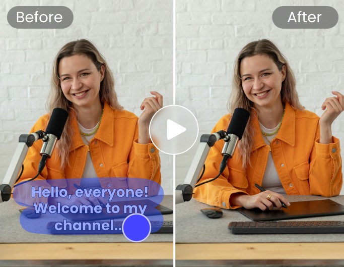 Remove text emojis from a video of a female podcast anchor in an orange blouse