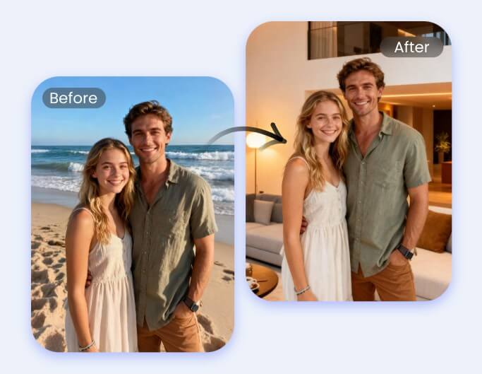 Enlever le fond d'une image de couple sur la plage et le remplacer par fond de maison