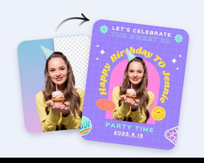 Remove the background of a photo of a girl holding a cake and attach her onto a birthday card
