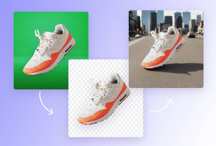 Remove the green screen and add a new backdrop to a sneakers product image