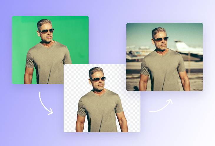 Remove the green screen and add a new background to a man poster