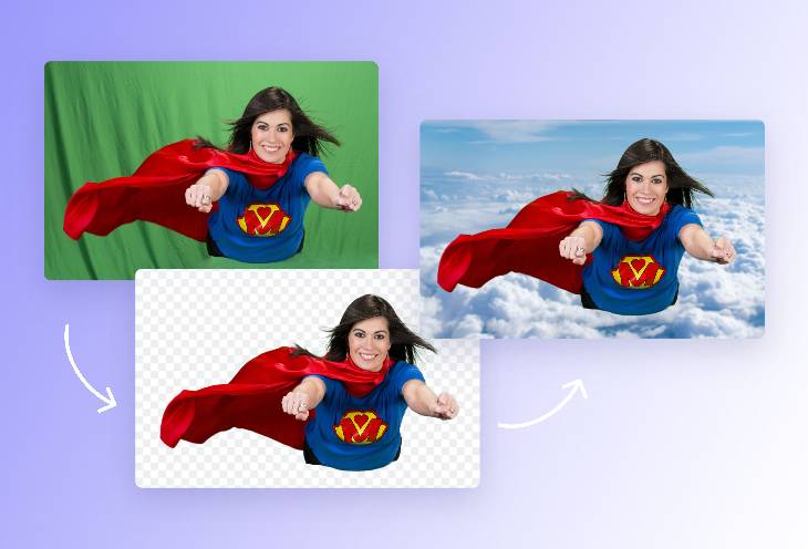 Remove the green screen and add a sky background to a superwoman cosplay photo