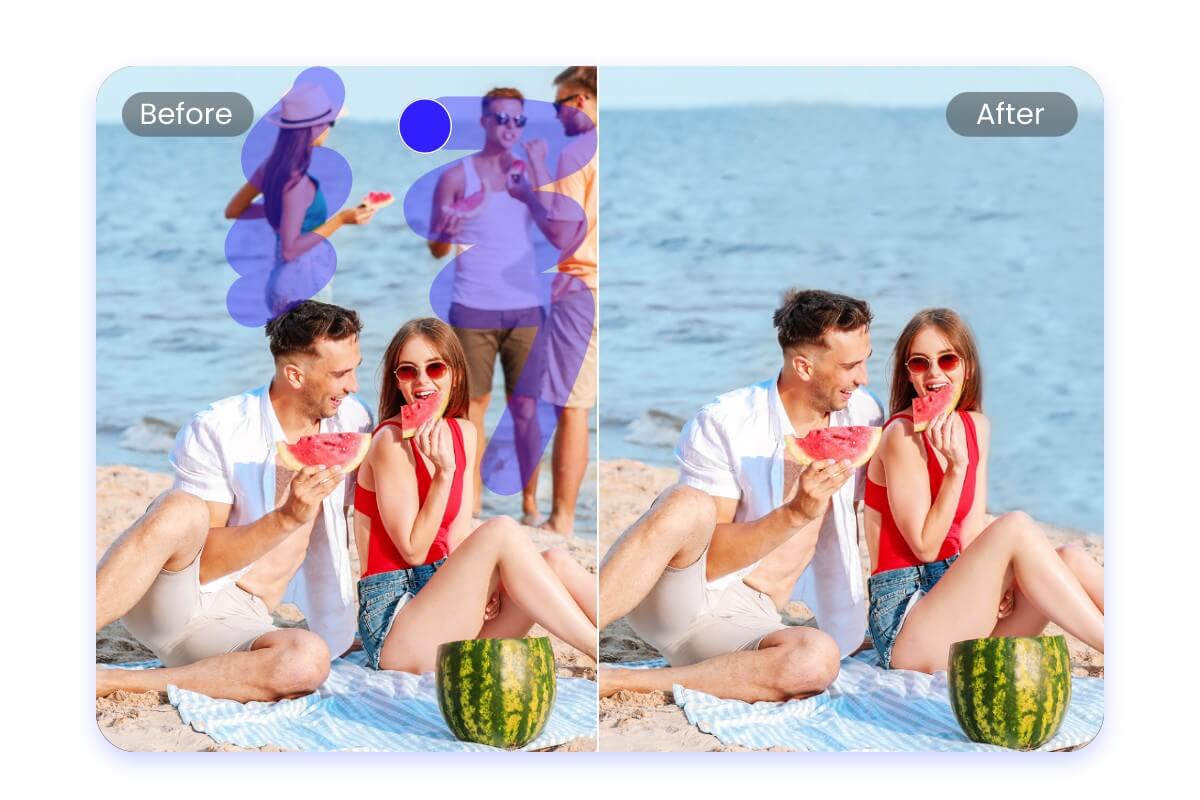Remove unwanted objects or people from photos to clean up background distractions and restore image focus with one click