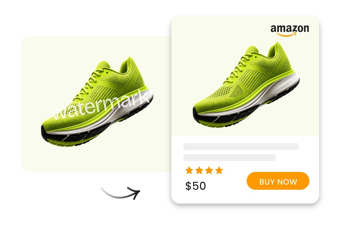 Remove watermark from a green shoe image and make it an ecommerce listing