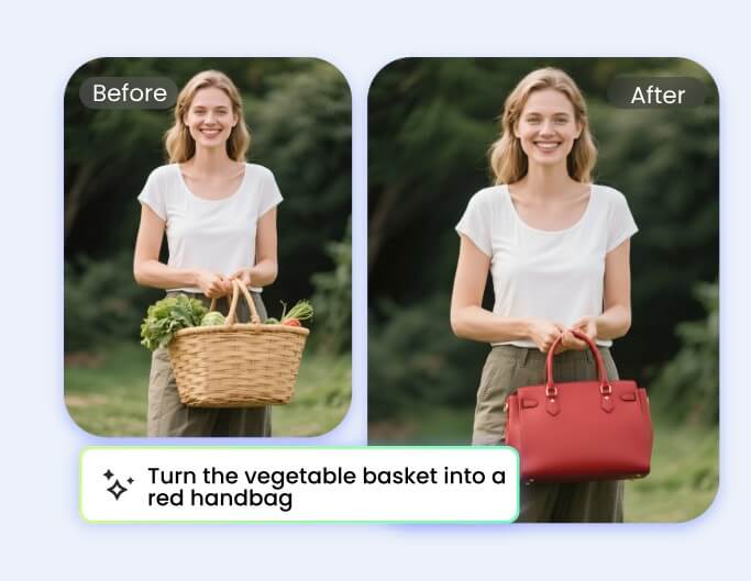 Remplacer le panier de fleurs que tient une femme dans une image par un sac