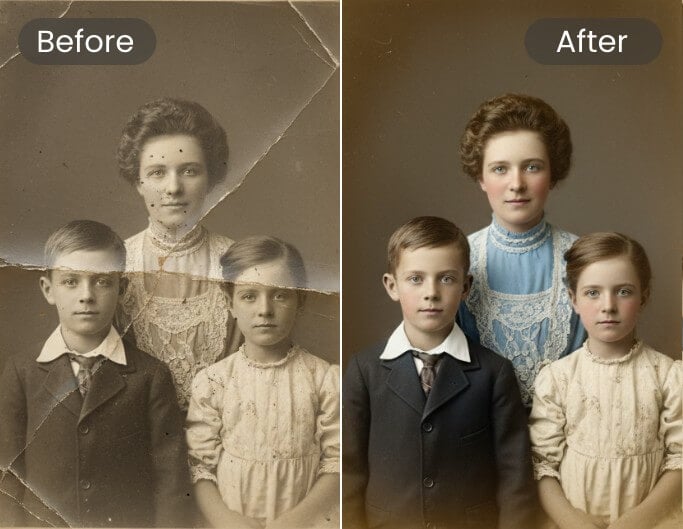 Restore an old photo by repairing its damage and imperfections