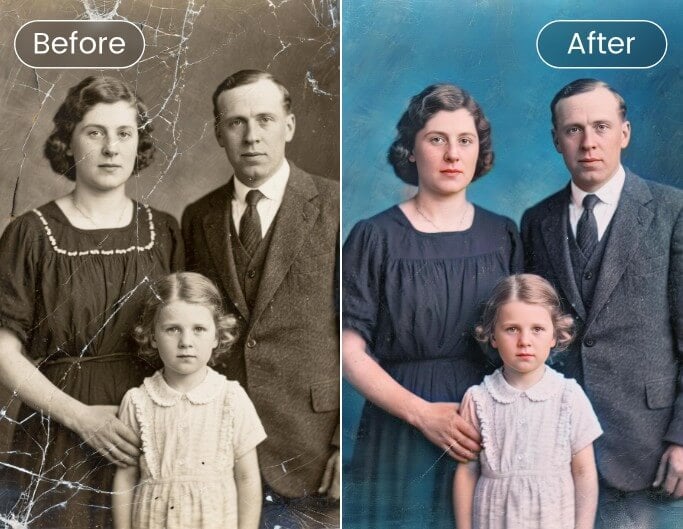 Restore damage and color of an old group photo