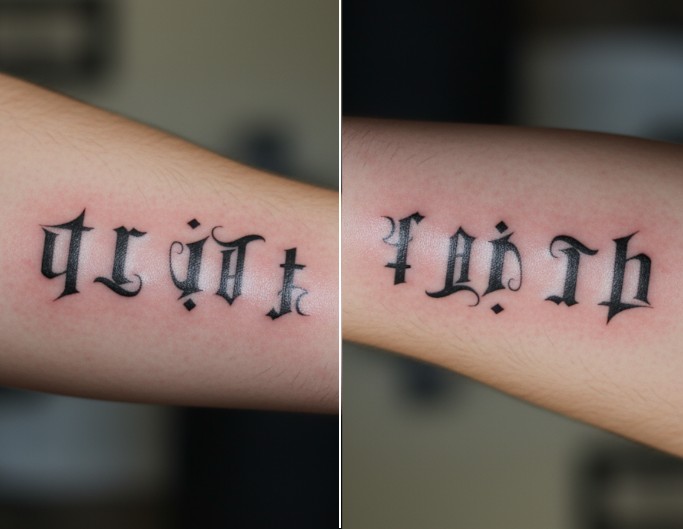 Rotational ambigram tattoo with words truth and faith