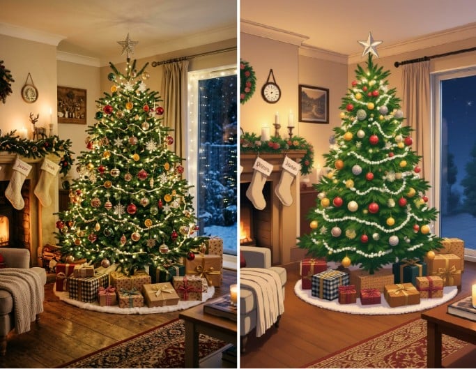 Originales und Comic-Bild vom Weihnachtsbaum mit Geschenken