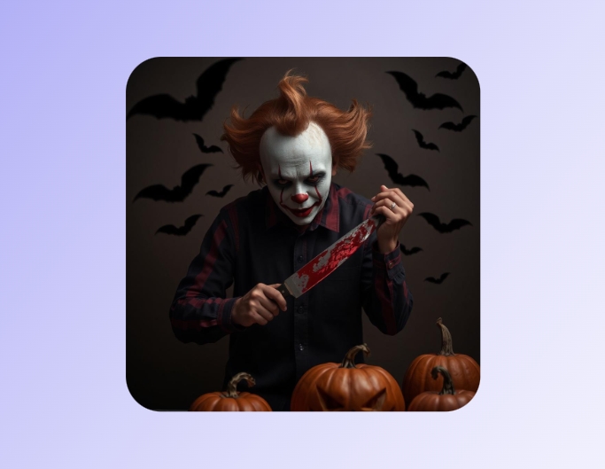 Scary halloween picture showing a creepy clown holding a bloody knife