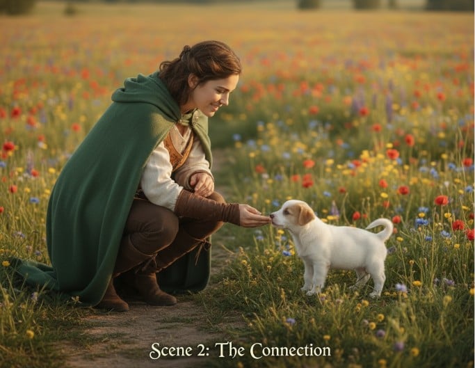 Scene two of the woman encountering a white dog