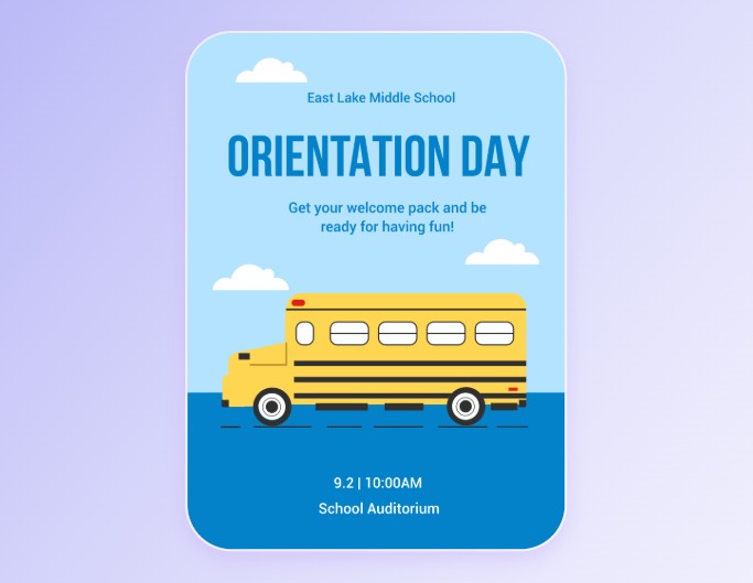 黄色いスクールバスを使った新学期をテーマにした写真の学校ポスター テンプレート