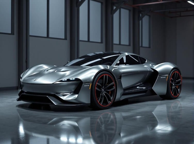 Silver black future concept car in a steel building generated with fotor