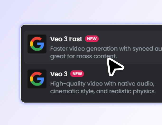 Step 1 to pick veo 3 or veo 3 fast mode