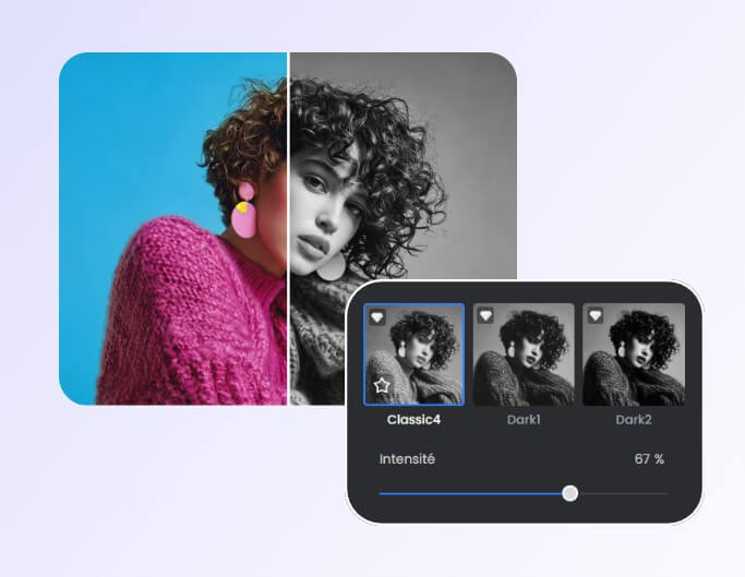 Step two to select a grayscale filter to turn a color image of a curly haired woman into black and white