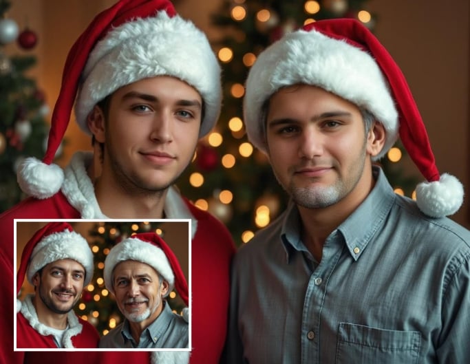 Gesichter im Foto von zwei Männern mit Weihnachtmannhut ändern