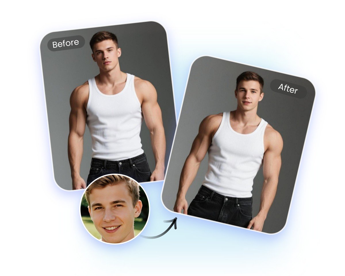Swap the face of a boy with the photo of a muscele man