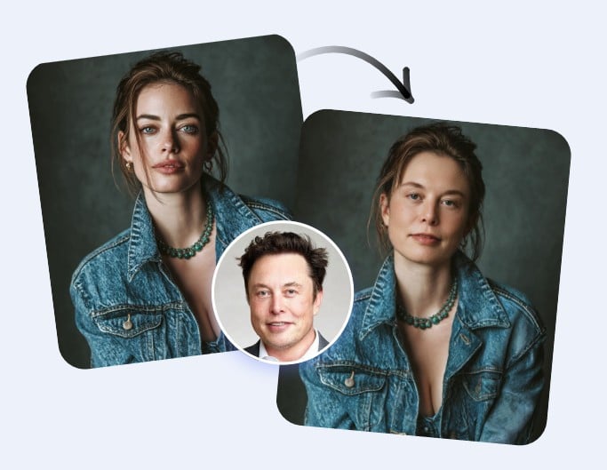 Swap the face of elmon musk with a photo of a girl in jeans suit