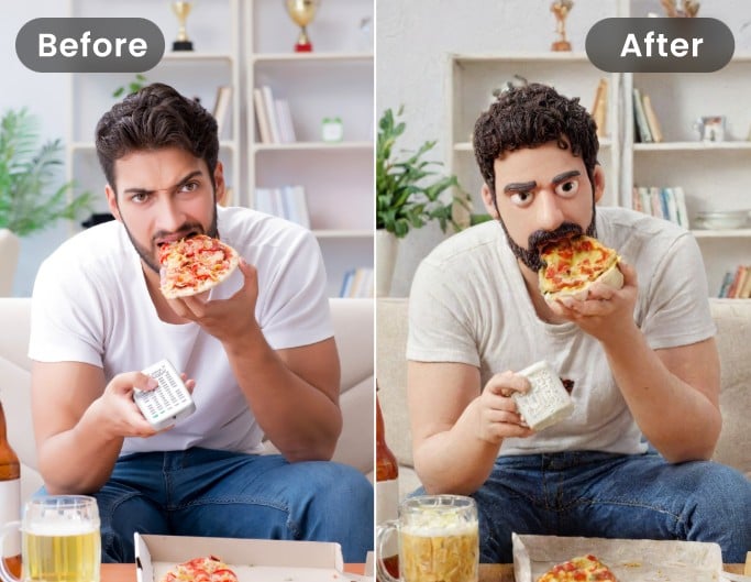 The before and after comparison effect of applying clay filter to male selfie