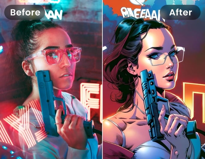 The before and after comparison effect of applying the ai gta filter to female selfie
