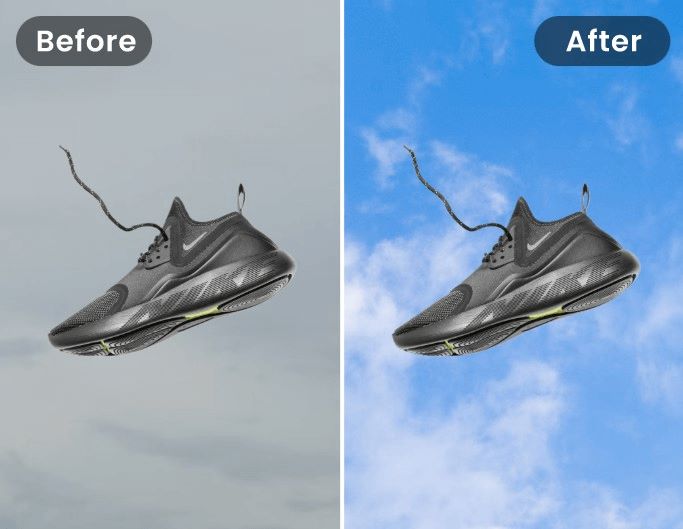 The before and after effect of replacing a balck shoe sky background