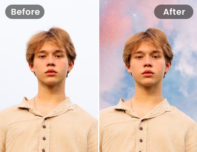 The before and after effect of replacing a boy sky background