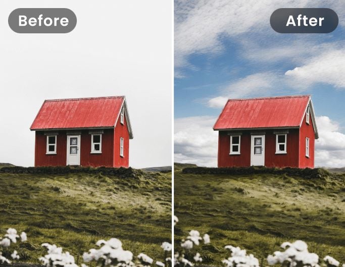 The before and after effect of replacing a red cabin sky background