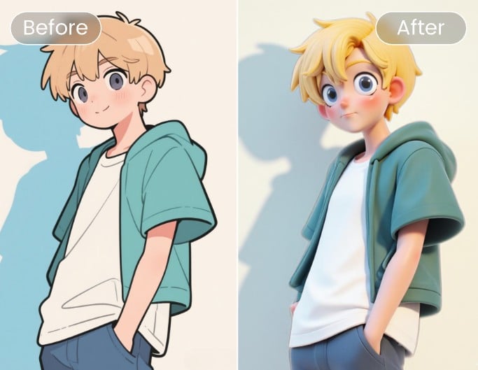 Vorher- und Nachher-Effekt eines Jungen von 2D-Bild in 3D Cartoon