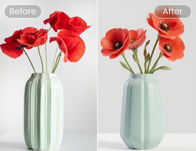 Vorher- und Nachher-Effekt eines Blumenstraußes in einer Vase mit dem KI-2D-zu-3D-Konverter