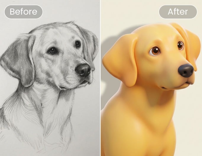 Vorher- und Nachher-Effekt einer Hundzeichnung in 3D Stil umwandeln