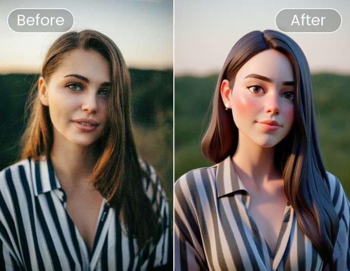 Vorher und Nachher-Effekts einer Frau mit dem KI-2D-zu-3D-Konverter von Fotor