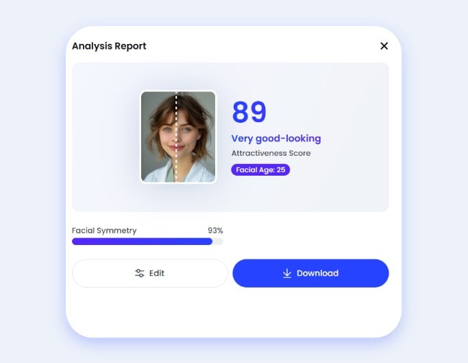 The face symmetry test of fotor that compares the facial features of your left and right sides of face and generates a score