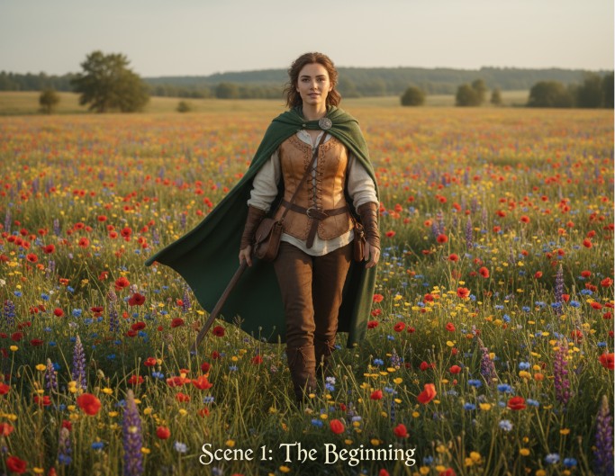 The scene of a mideval theme woman walking on a grassland