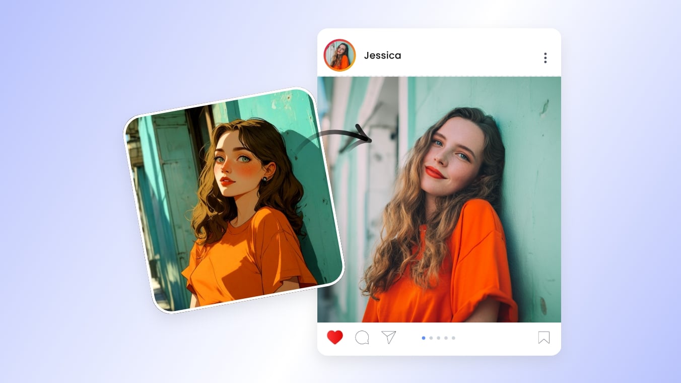Transform a cartoon lady into a real photo and share it on social media