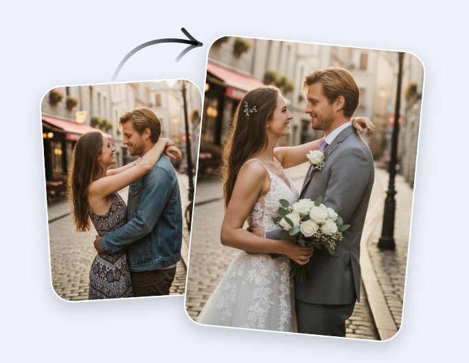 Transform a couple photo into an ai wedding photo for pre wedding review
