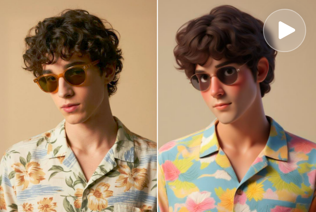 用 fotor ai 影片濾鏡將捲髮男子轉換成各種不同風格