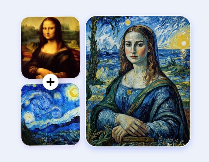 Transforma estilos artísticos combinando la Mona Lisa con La noche estrellada