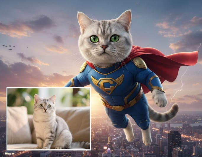 Transform the cat into a superman flying in the sky