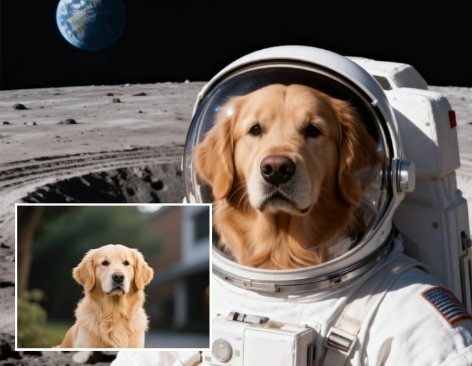Transform the dog into an astronaut floating in outer space with Earth in the background