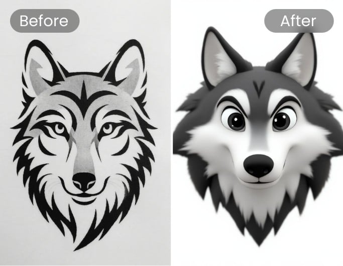 Turn 2 D tattoo into 3 D featuring a wolf head