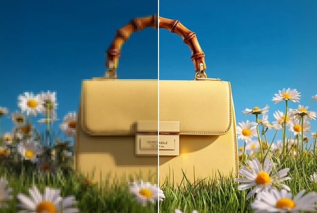 Turn a blurry yellow bag into clear with Fotor AI enhancer