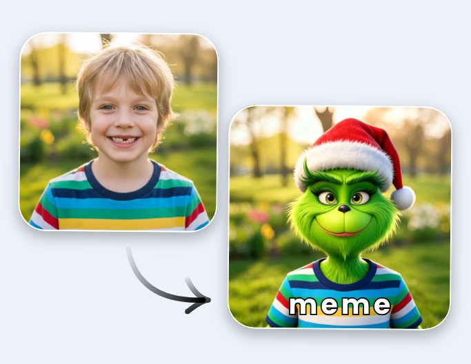 子供の写真をグリンチ画像に変え、それからミームを作る