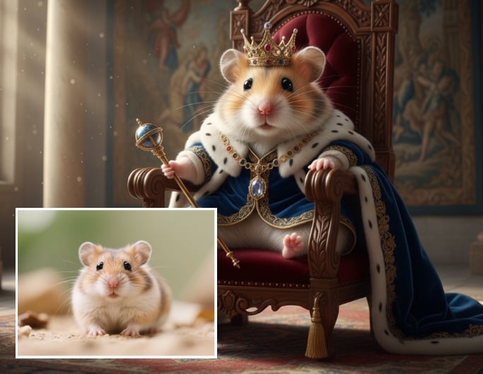 Turn a cute mouse into a king sitting on a throne inside a majestc palace