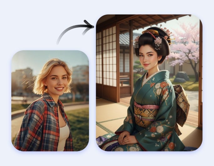 Turn a girl with blonde hair into a japanese woman in a tatami room