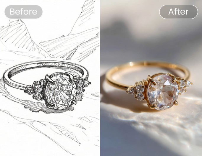 Turn a jewelry ring sketch into a finished product image using ai