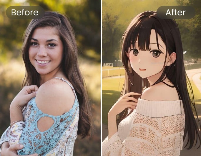 Turn a lady with long hair into anime art via fotor ai art effect