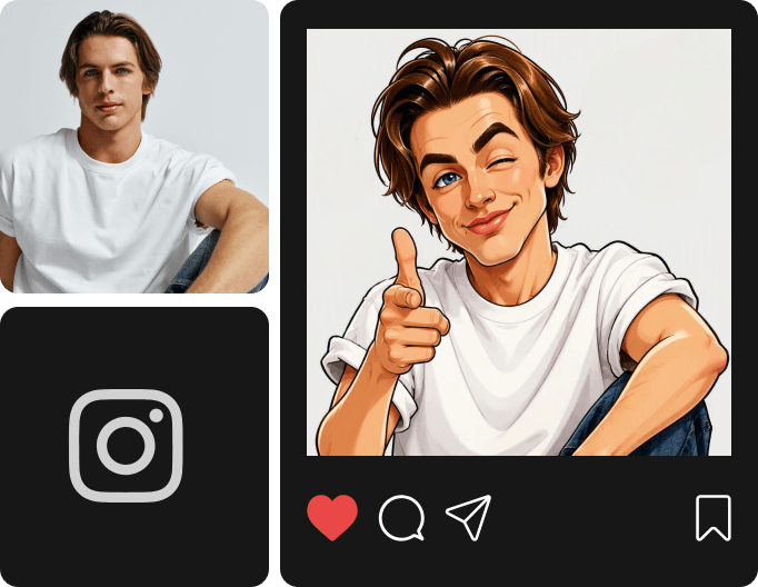 Turn a male portrait into a caricature drawing and share it on social media