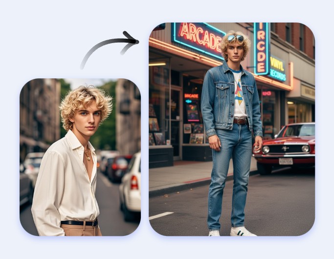 Turn a man in white shirt into a man with iconic american 1980s outfit with fotor