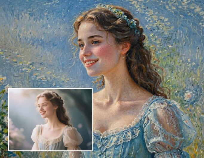 Turn a photo of a beautiful princess in a dress into a painting in the style of the classic artist monet