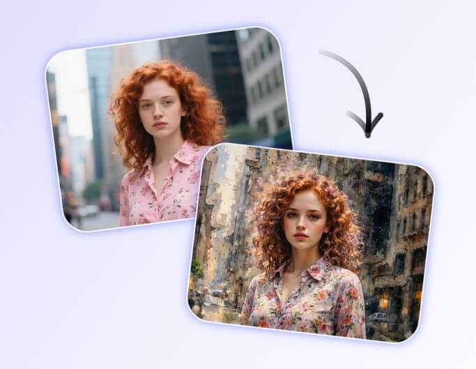 Turn a photo of a girl with orange curly hair in a realistic style into a painting